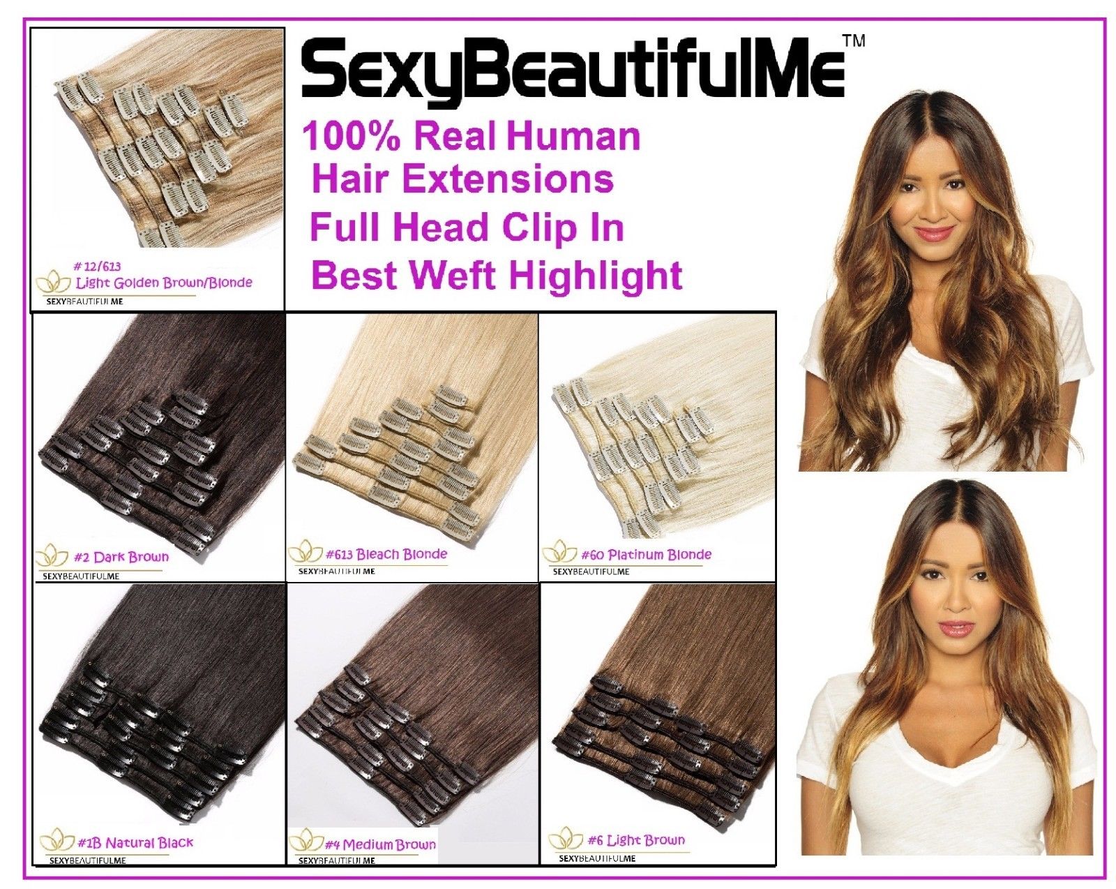 100% Real Human Hair Extensions,Clip In Full Head Thick Deluxe-SexyBeautifulMe®